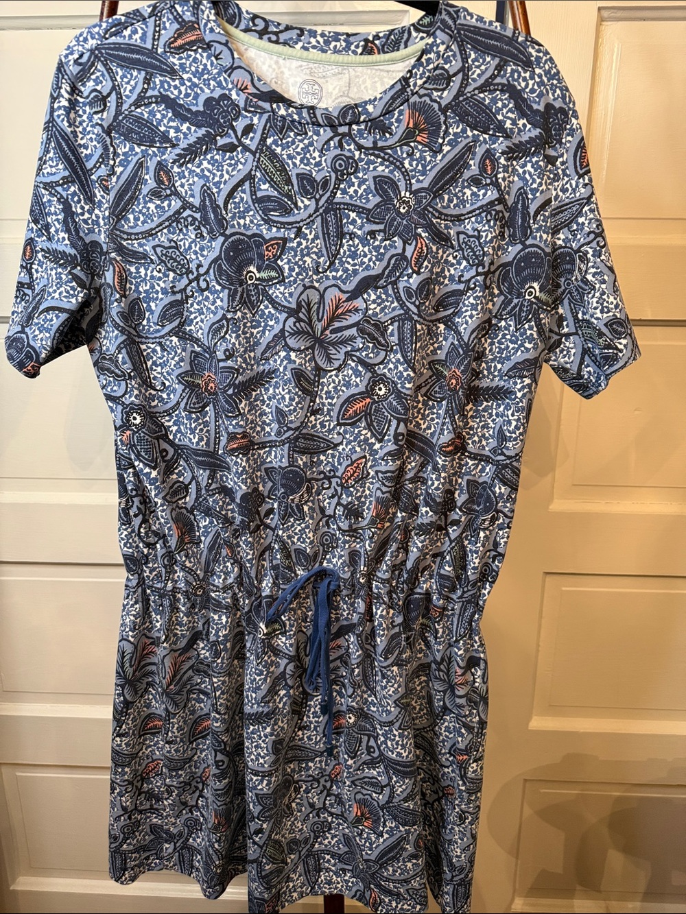 Tory Burch Blue Floral Pima Cotton sporty vacation coffee run mini dress Size L